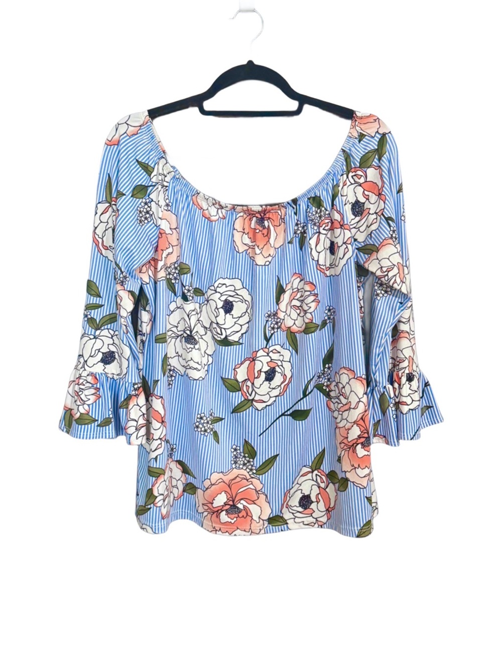 Kristin Nicole Floral Stripe Bell Sleeve Off Shoulder Tunic Top XL